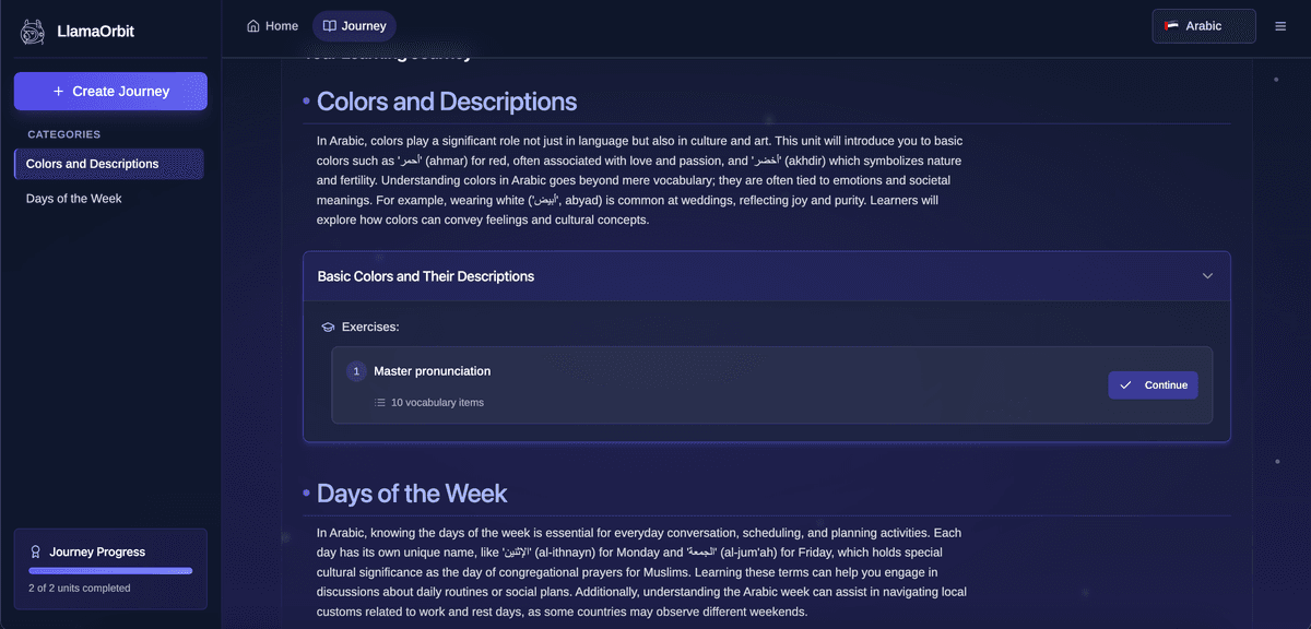 Llama Orbit app interface showing conversation practice with AI language tutor